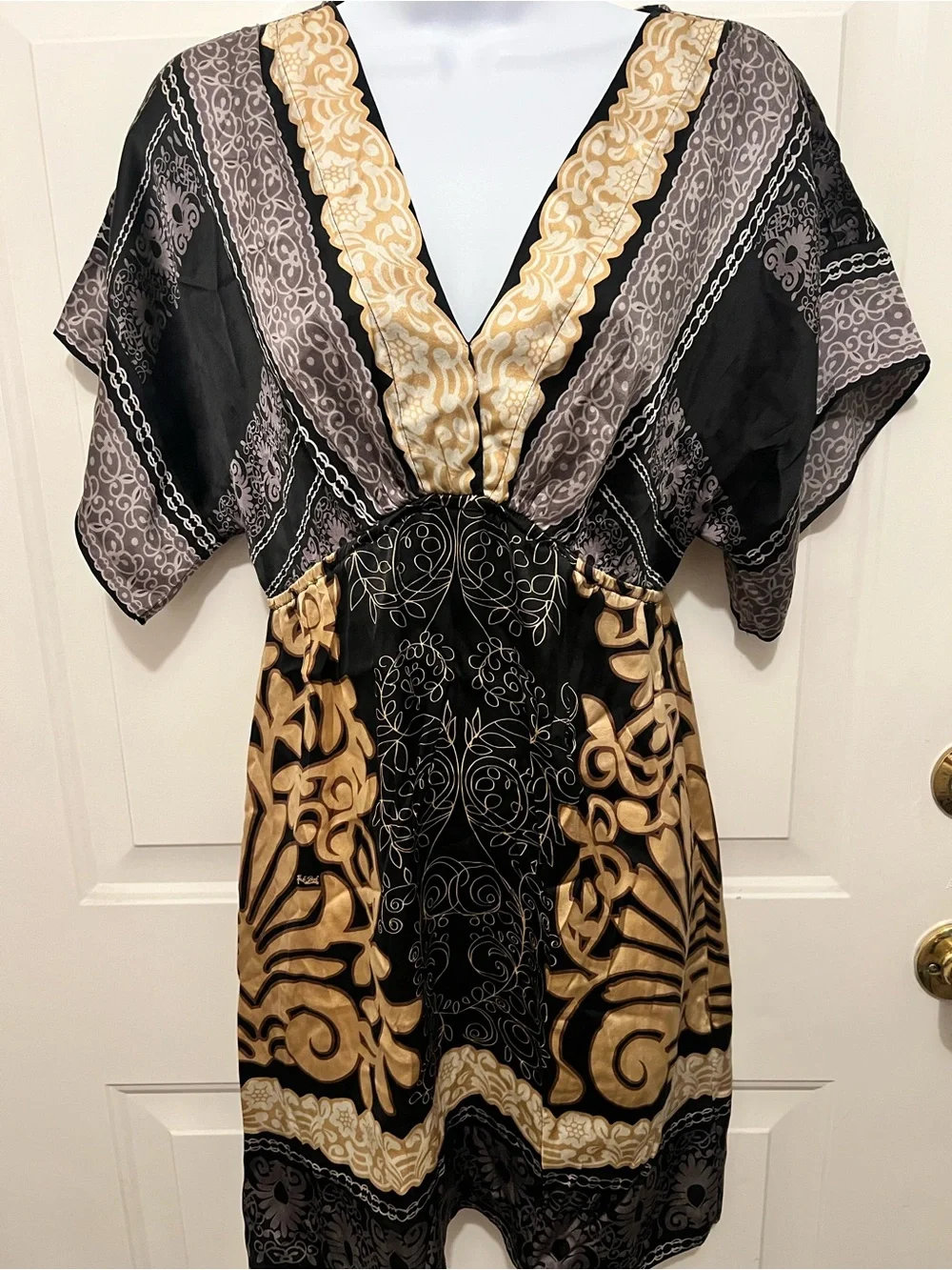 Silk Black & Gold V-Neck Patterned Tunic Dress - Picture 1 of 3